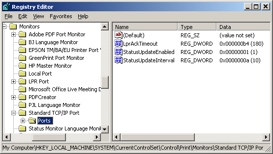 The Ports Key under Standard TCP/IP Port should look like this.