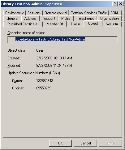 ad3 Active Directory Object Properties window with Objects Tab.