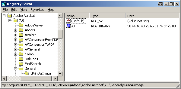 Adobe Acrobat 7 setting in regedit