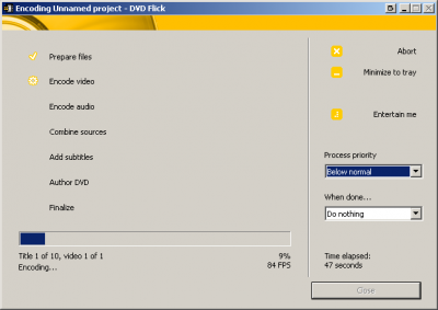 dvdflickprocessingjob 400x283 Avi2Dvd and DVD Flick   Converting Videos (.avi) to DVDs