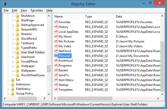 Windows 8 and problems with a redirected My Documents folder regedit 550x361 Windows 8 and problems with a redirected My Documents folder